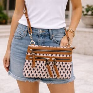 Spartina Pk Navy Diamond Print Leather Trim Crossbody Bag